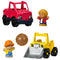 Fisher-Price Little People Work Around Town Vehicle Set featuring a red truck, yellow bulldozer with smiling faces, brown play ball, and two worker figures in colorful outfits.