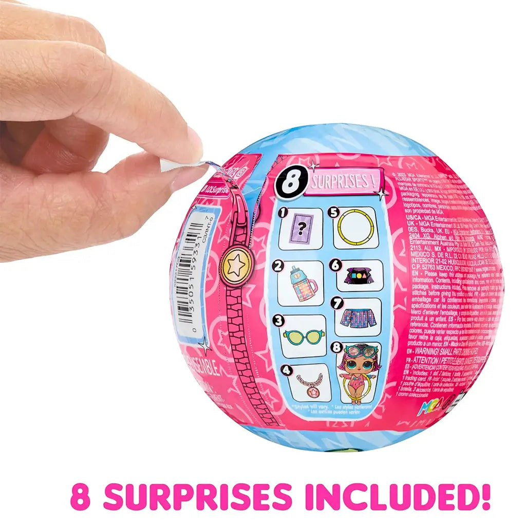 Close-up of LOL Surprise All-Star Sports Gymnastics toy ball being unwrapped by hand, showing diagram of eight surprises included inside and text reading “8 surprises included.”