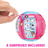 Close-up of LOL Surprise All-Star Sports Gymnastics toy ball being unwrapped by hand, showing diagram of eight surprises included inside and text reading “8 surprises included.”