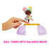 Hand balancing LOL Surprise All-Star Sports Gymnastics doll on purple ball halves that transform into a yellow balance beam playset, showcasing fun interactive feature.