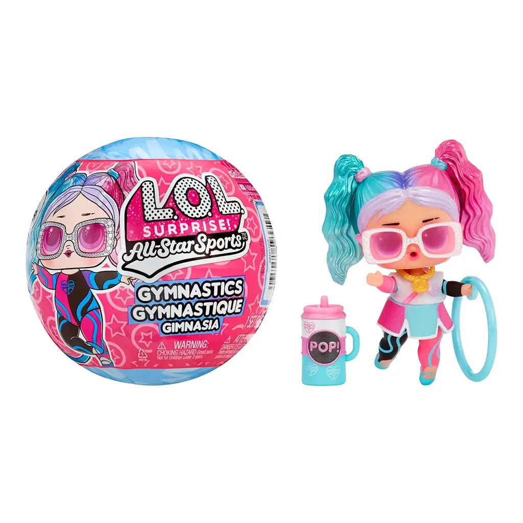 LOL Surprise All-Star Sports Gymnastics ball toy showing colorful packaging and a small gymnast doll with pink and blue pigtails, hoop accessory, and matching pastel water bottle.