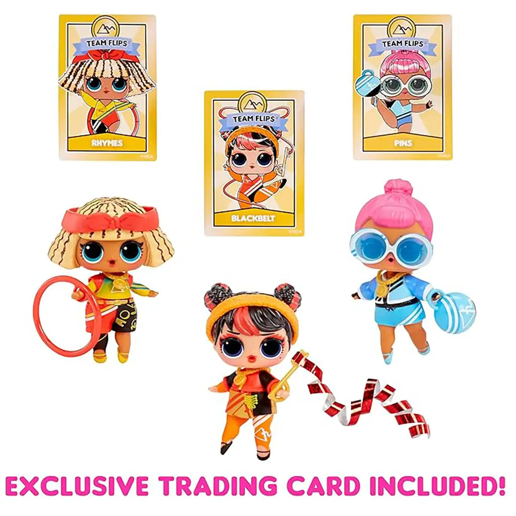 LOL Surprise All-Star Sports Gymnastics dolls Rhymes, Blackbelt, and Pins with matching collectible trading cards, each in vibrant athletic outfits holding gymnastics gear.