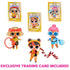 LOL Surprise All-Star Sports Gymnastics dolls Rhymes, Blackbelt, and Pins with matching collectible trading cards, each in vibrant athletic outfits holding gymnastics gear.