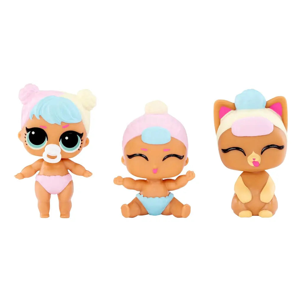 Three L.O.L. Surprise! Baby Bundle Surprise collectible figures, including two baby dolls and a cat pet with pastel-colored accessories, posed side by side on a white background.