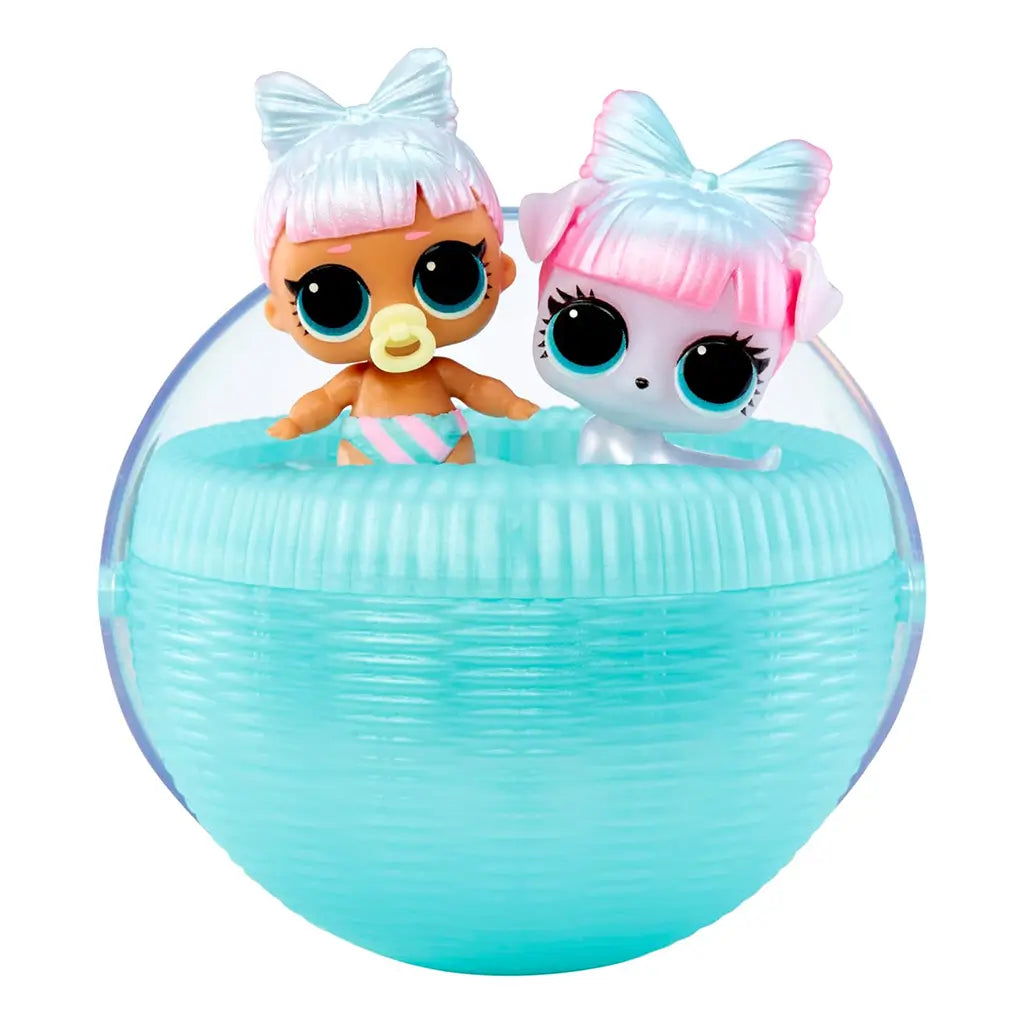 L.O.L. Surprise! Baby Bundle Surprise toy featuring a baby doll and pet figure with shiny white and pink hair, sitting inside a ribbed aqua-blue round container for unboxing fun.