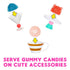 Gummy candy accessories from L.O.L. Surprise! Candy Surprise kit, featuring molded blue, red, and pink treats served in toy cups and dishes for imaginative dessert play.