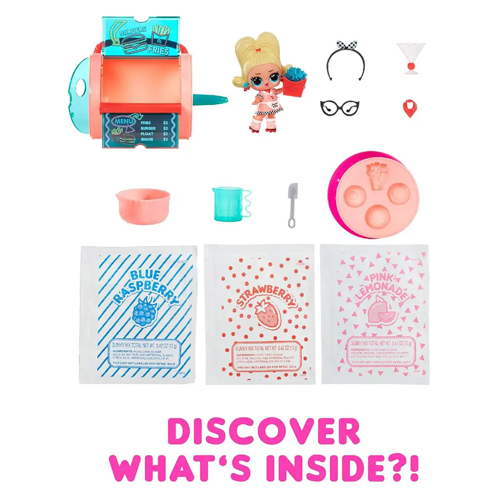 L.O.L. Surprise! Candy Surprise toy set displaying doll, candy station, utensils, and gummy mix packets, encouraging creative candy-making play and unboxing fun.