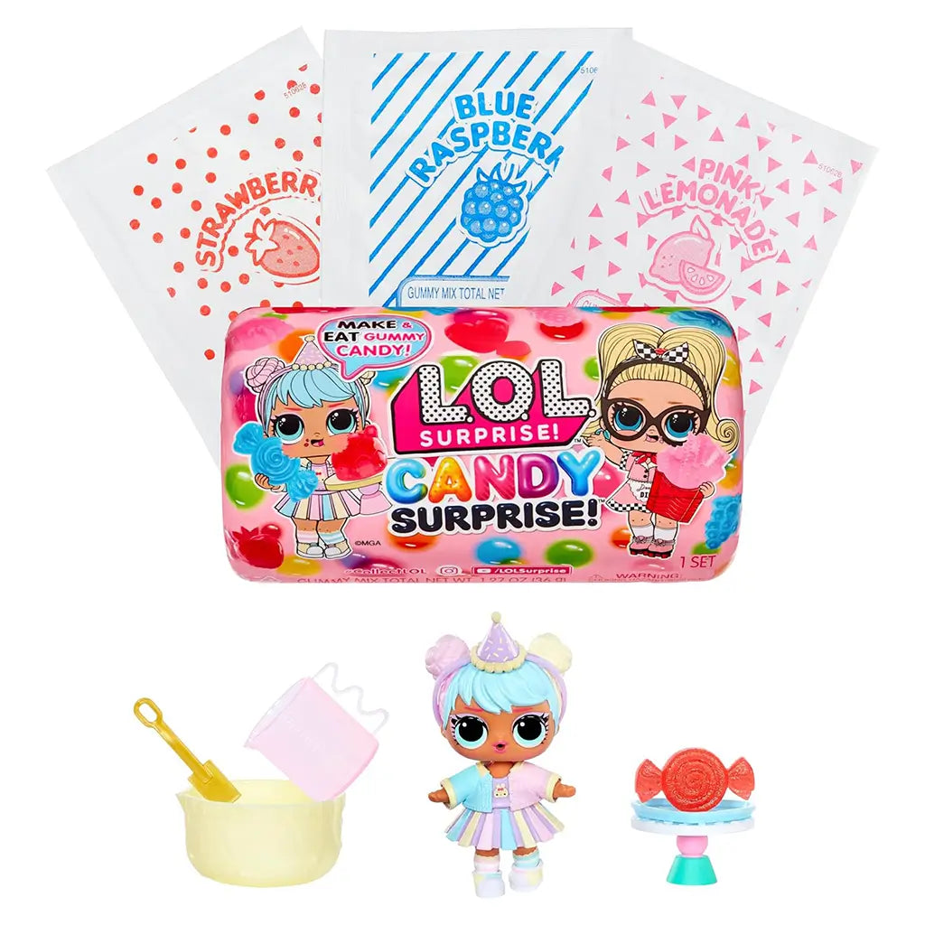 L.O.L. Surprise! Candy Surprise playset with pastel doll, gummy mix packets, mixing bowl, and candy mold, featuring flavors like strawberry, blue raspberry, and pink lemonade.