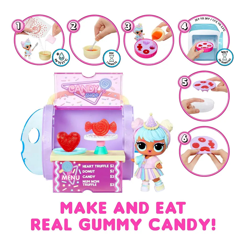 L.O.L. Surprise! Candy Surprise set showing step-by-step guide to mix, pour, chill, and unmold real gummy candies using the included candy shop playset.