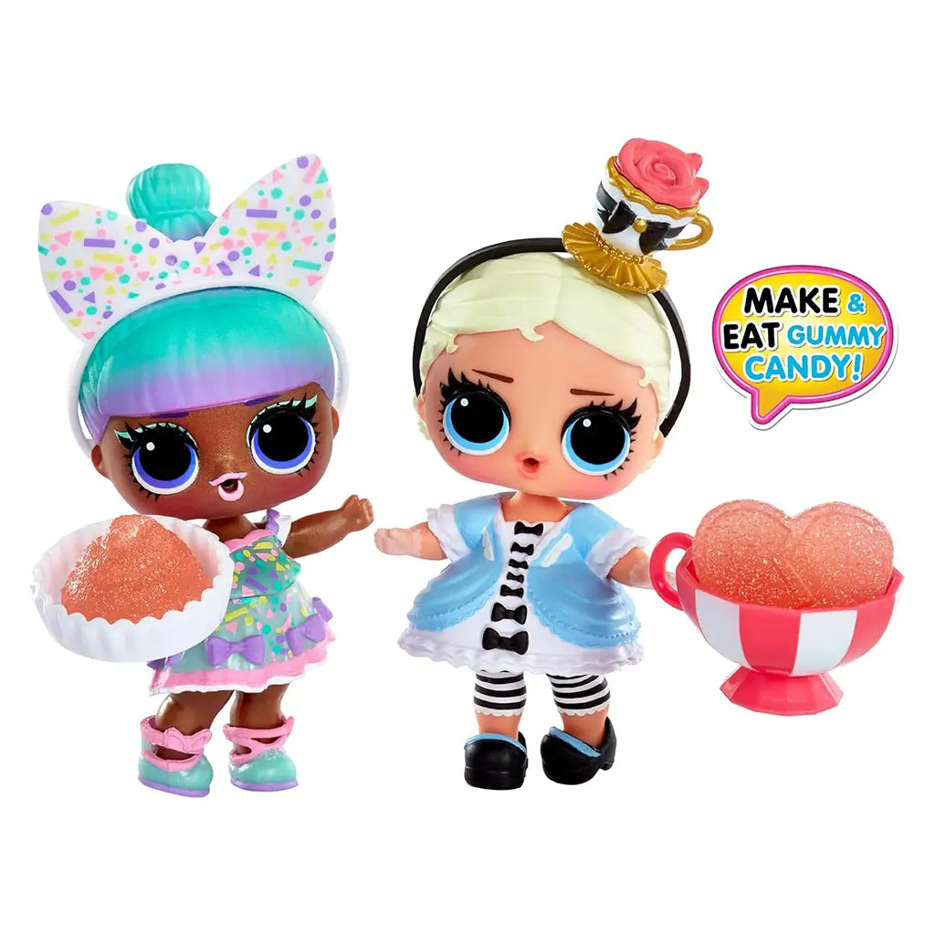 Two L.O.L. Surprise! Candy Surprise dolls dressed in colorful outfits holding heart-shaped gummy candies, promoting the make-and-eat gummy candy activity feature.