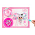 LOL Surprise Hair Beads doll and accessories including pink and purple beads, bead tools, spray bottle, and organizing tray, displayed neatly on striped background.