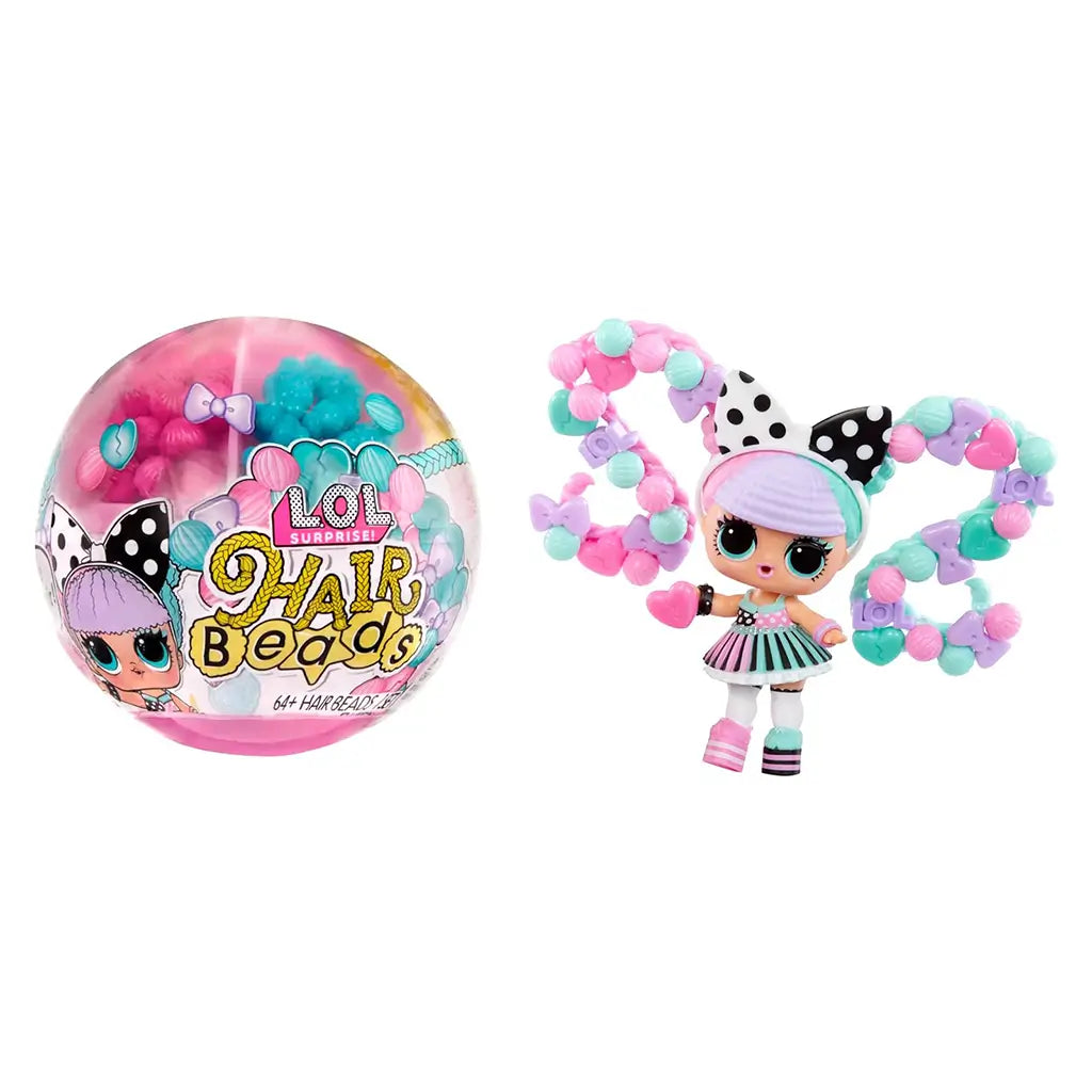 LOL Surprise Hair Beads toy set featuring pastel ball packaging and a mini doll with colorful beaded hair in pink, teal, and purple hues, styled with playful accessories.