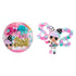 LOL Surprise Hair Beads toy set featuring pastel ball packaging and a mini doll with colorful beaded hair in pink, teal, and purple hues, styled with playful accessories.