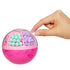 Hand opening pink LOL Surprise Hair Beads dispenser ball with compartments filled with pastel purple and mint beads designed for decorating dolls’ hair.