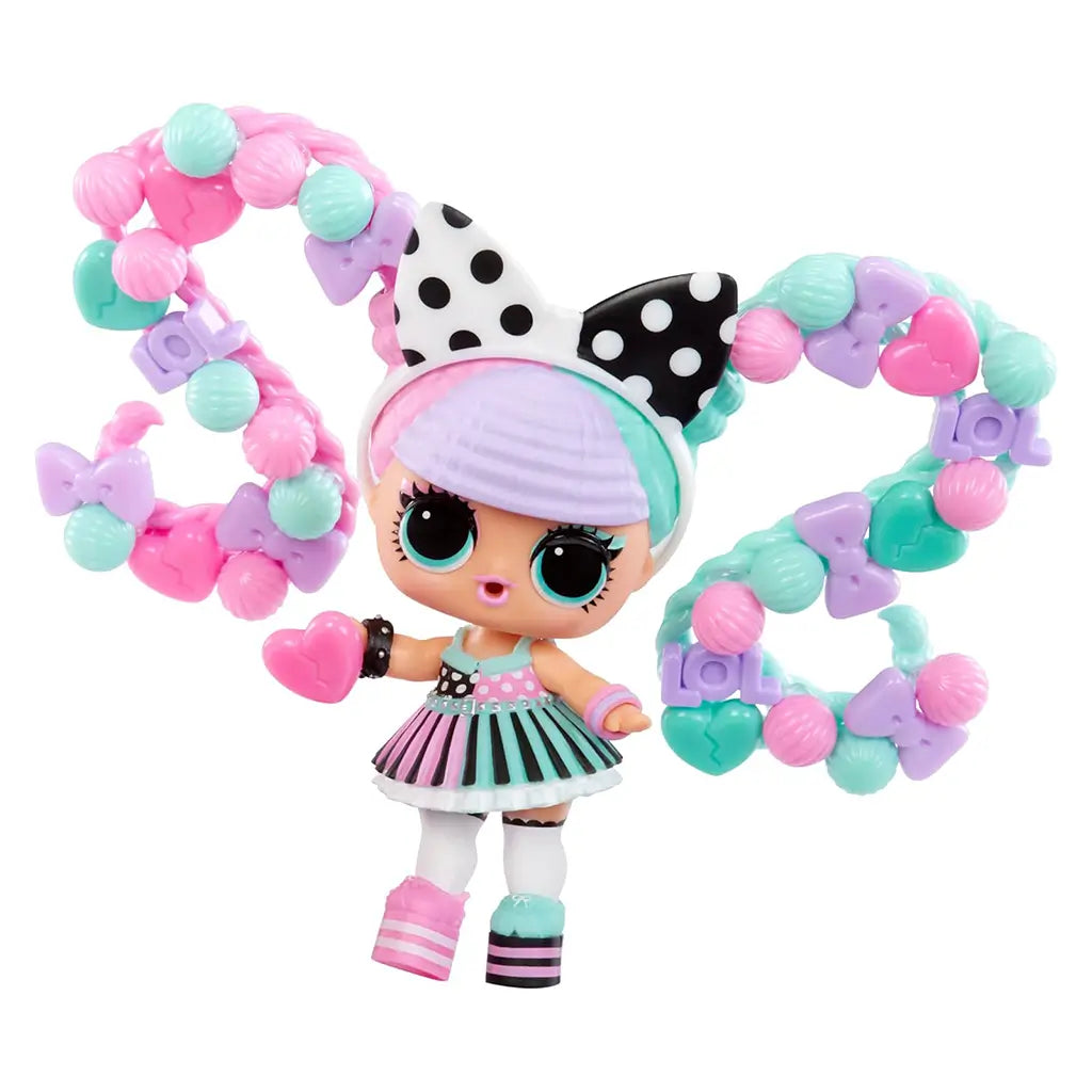 LOL Surprise Hair Beads doll with pastel pink and mint beaded hair loops, large black-and-white bow, striped dress, and mismatched platform shoes in playful colors.