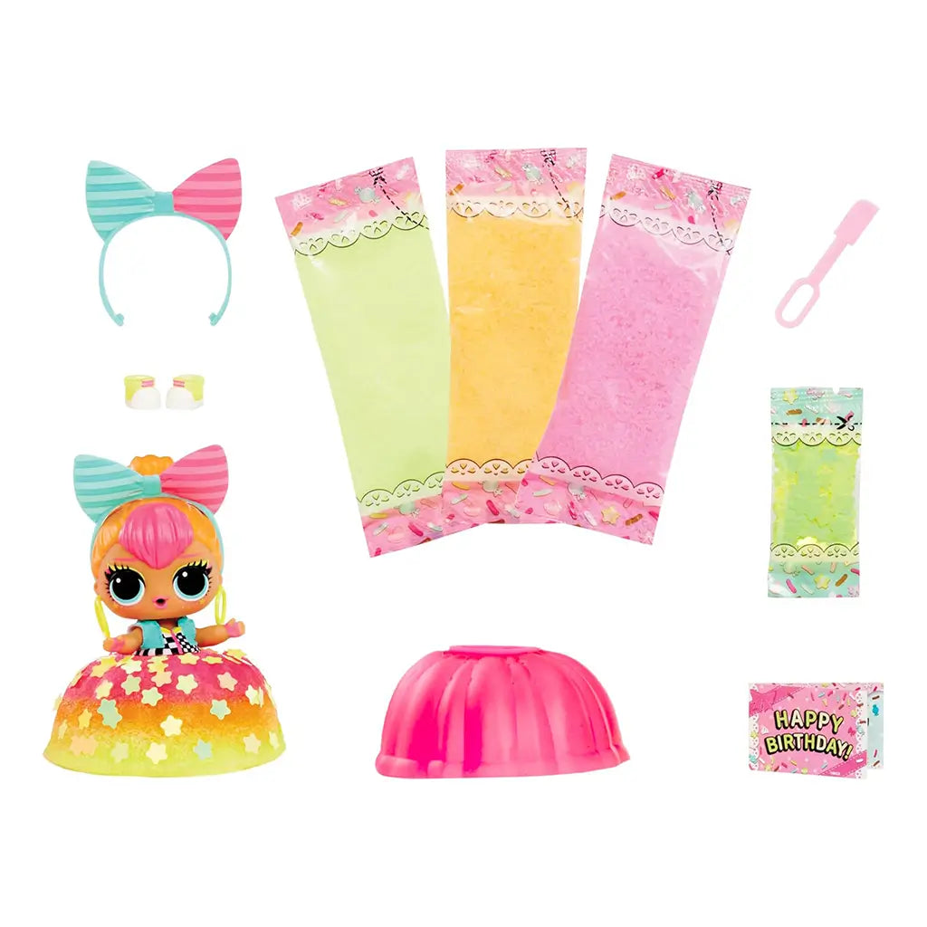 L.O.L. Surprise! Mix & Make Birthday Cake toy set with doll, bow headband, colorful mix packets, pink mold, and birthday-themed accessories for crafting glitter cake skirts.
