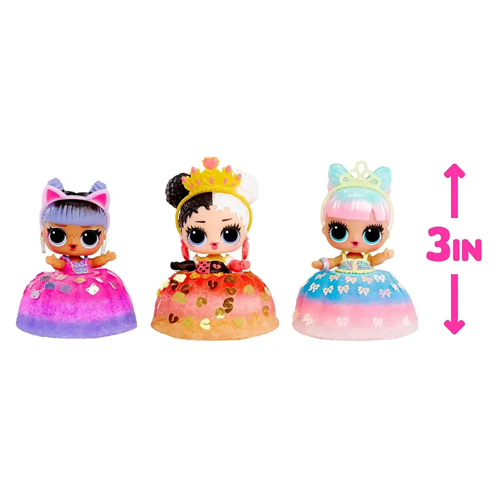 Three L.O.L. Surprise! Mix & Make Birthday Cake dolls wearing sparkling cake-shaped skirts and accessories, displayed together with height guide showing three-inch figures.