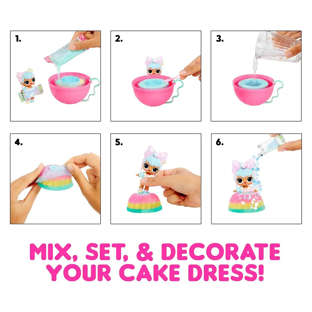 Instructional collage showing how to mix, set, and decorate an L.O.L. Surprise! doll’s rainbow cake dress using colorful glitter mix, water, and mold for creative play.