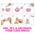 Instructional collage showing how to mix, set, and decorate an L.O.L. Surprise! doll’s rainbow cake dress using colorful glitter mix, water, and mold for creative play.