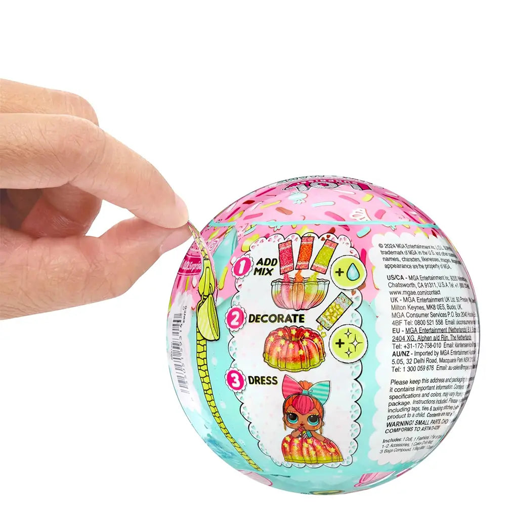 Back of L.O.L. Surprise! Mix & Make Birthday Cake ball showing step-by-step instructions to add mix, decorate, and dress the collectible doll in a colorful cake-themed outfit.