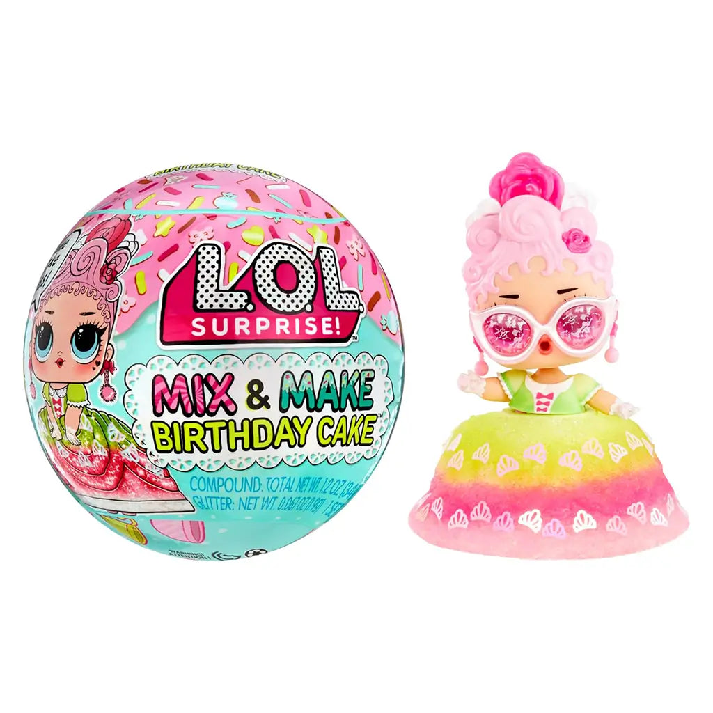 L.O.L. Surprise! Mix & Make Birthday Cake doll with pink curly hair, glitter dress, and large sunglasses next to a pastel pink and teal surprise ball decorated with sprinkles.