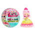 L.O.L. Surprise! Mix & Make Birthday Cake doll with pink curly hair, glitter dress, and large sunglasses next to a pastel pink and teal surprise ball decorated with sprinkles.