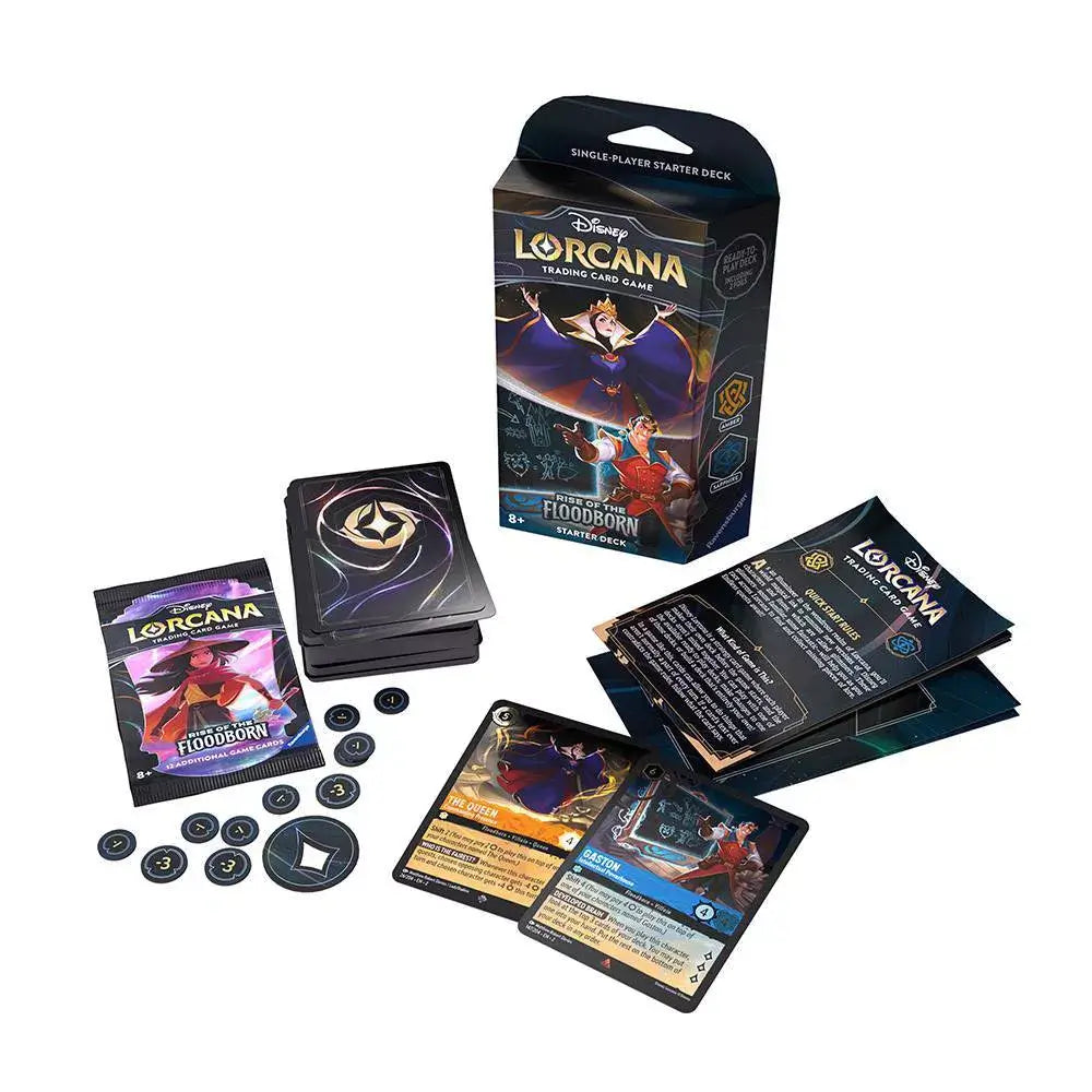 All contents inside the box of Lorcana Rise of the Floodborn Starter Deck (Maleficent and Gaston)