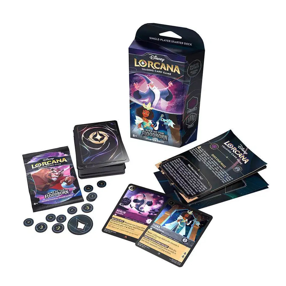 All the contents of Lorcana Rise of the Floodborn Starter Deck (Merlin and Tiana)