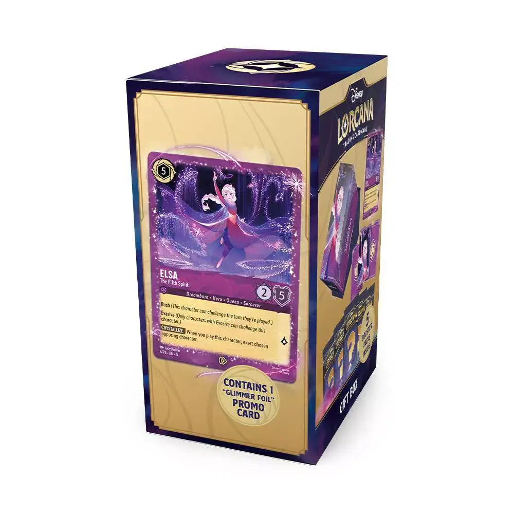 Disney Lorcana gift box side view highlighting Elsa glimmer foil promo card, purple fantasy artwork, and clear details on included booster packs and collectible accessories.