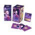 Disney Lorcana TCG Elsa gift set showing opened box with foil promo card, booster packs, and purple storage case decorated with magical ice artwork for trading card collectors.
