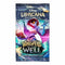 Disney Lorcana “Whispers in the Well” booster pack artwork showing a fantasy character with red hair holding a glowing book, set against a purple and teal background. Contains 12 additional Ravensburger trading cards.