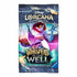 Disney Lorcana “Whispers in the Well” booster pack artwork showing a fantasy character with red hair holding a glowing book, set against a purple and teal background. Contains 12 additional Ravensburger trading cards.