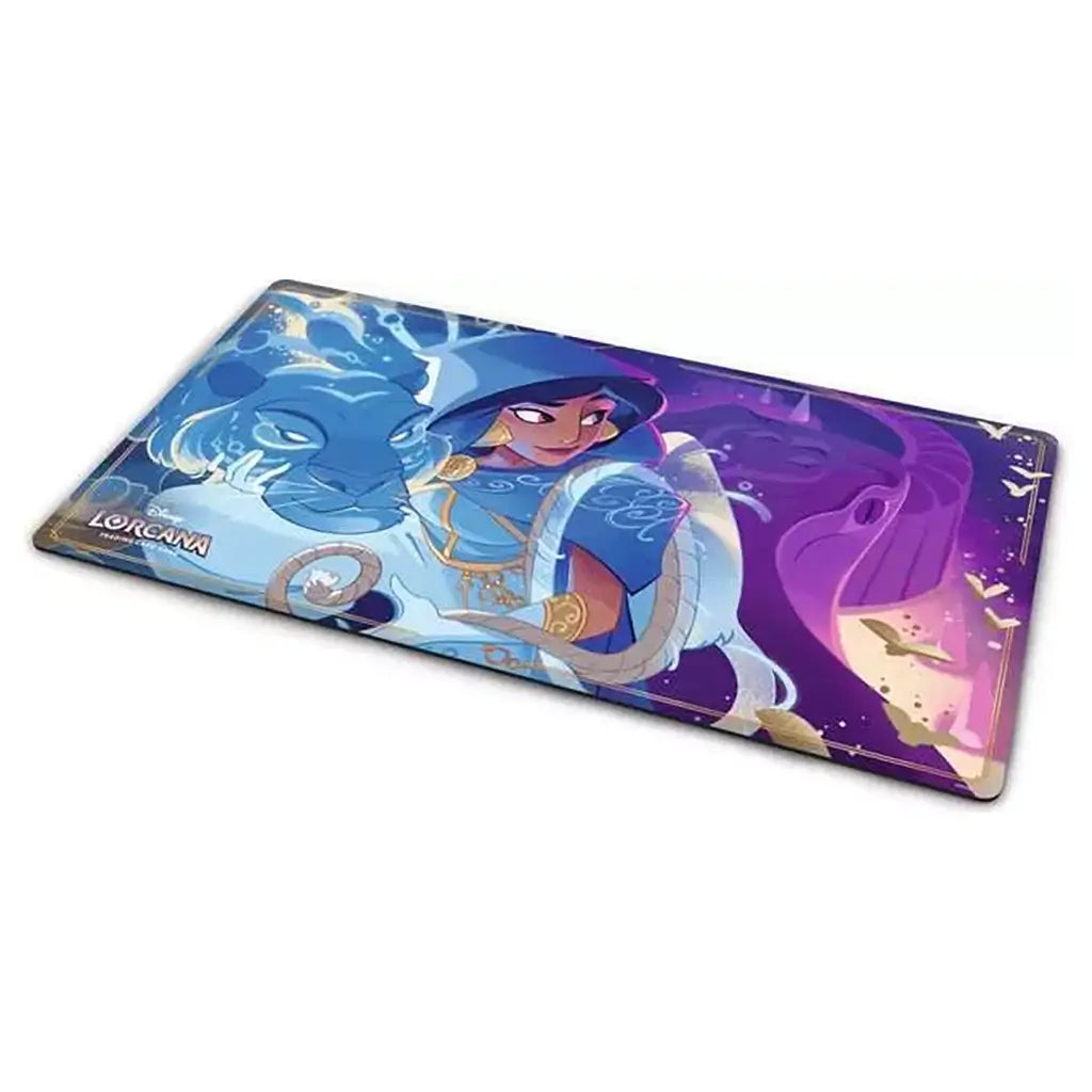 Disney Lorcana trading card game playmat showing Jasmine in a flowing blue outfit beside a glowing blue tiger and purple background with gold sparkles, designed for card gameplay protection and display.
