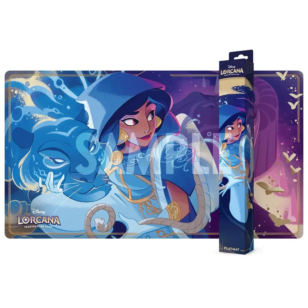 Disney Lorcana “Whispers in the Well” playmat featuring Jasmine in blue and gold attire beside a mystical tiger, displayed with its matching packaging for the Ravensburger trading card game series.