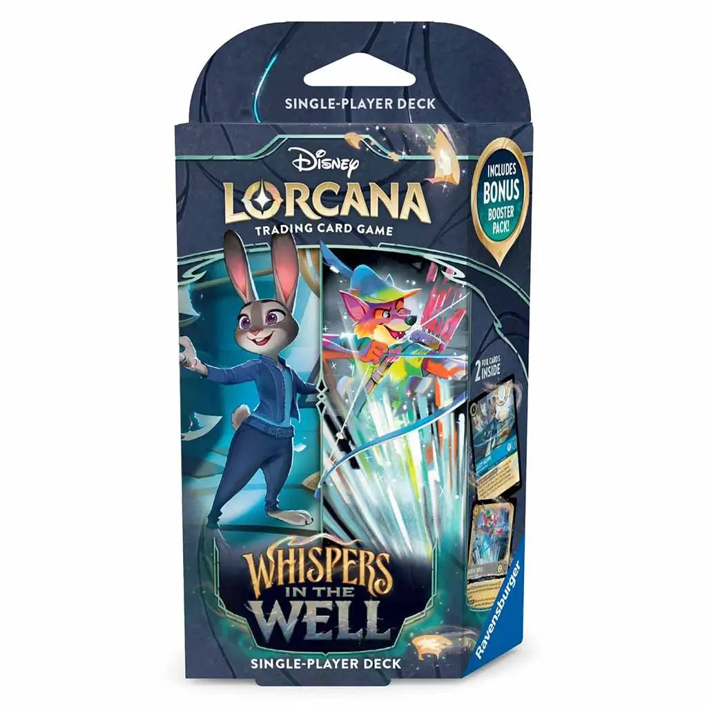 Disney Lorcana trading card game deck package featuring Judy Hopps and Robin Hood artwork on a dark blue box labeled “Whispers in the Well.” The single-player deck includes bonus booster cards from Ravensburger.