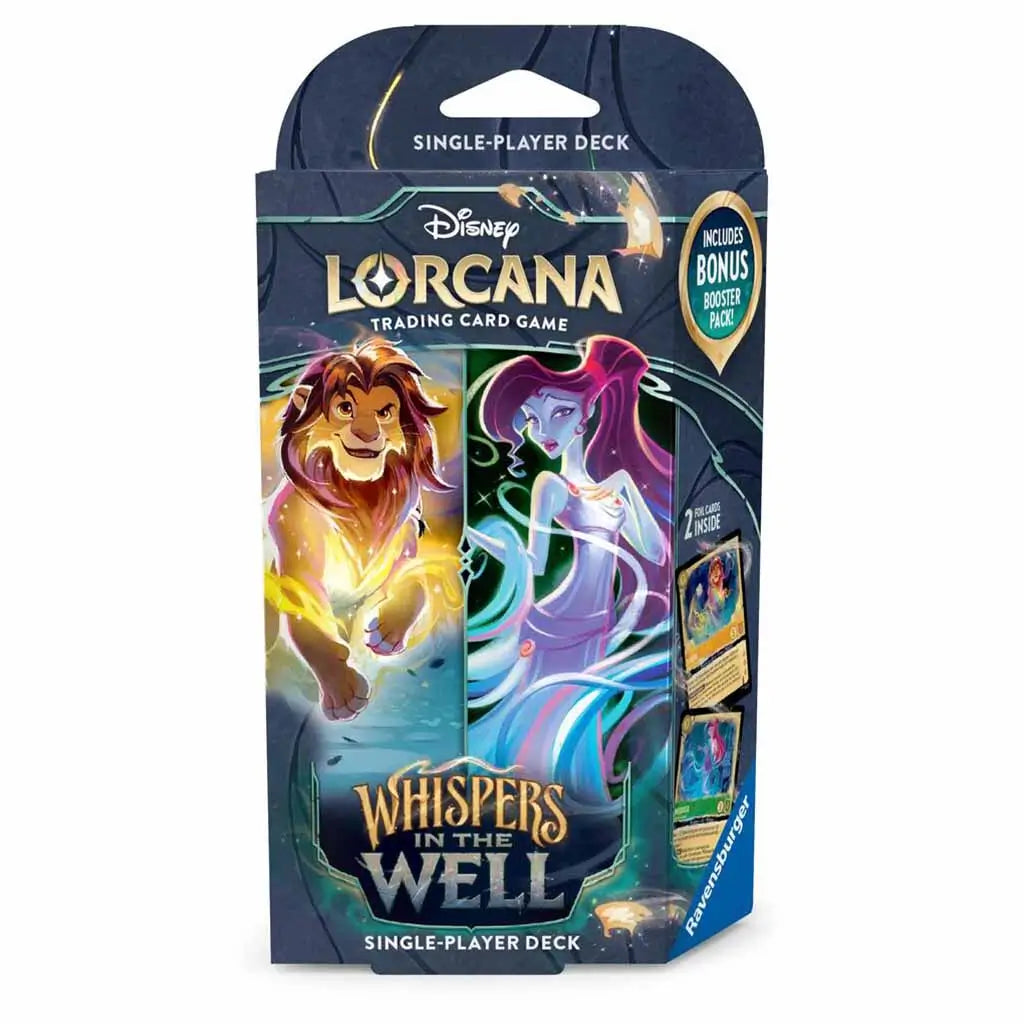 Disney Lorcana trading card game deck packaging titled “Whispers in the Well,” showing Simba and Megara in magical poses on a dark blue box. The single-player deck includes bonus booster cards by Ravensburger.