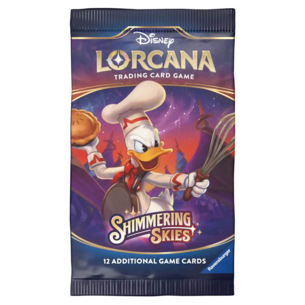 Disney Lorcana Shimmering Skies booster pack showing Donald Duck as a chef holding a pie and whisk, set against a vivid purple fantasy backdrop, including 12 collectible cards.