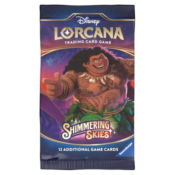 Disney Lorcana Shimmering Skies booster pack with Maui character art, featuring his tattoos and leafy skirt in front of a starry purple sky, sealed with 12 additional trading cards.