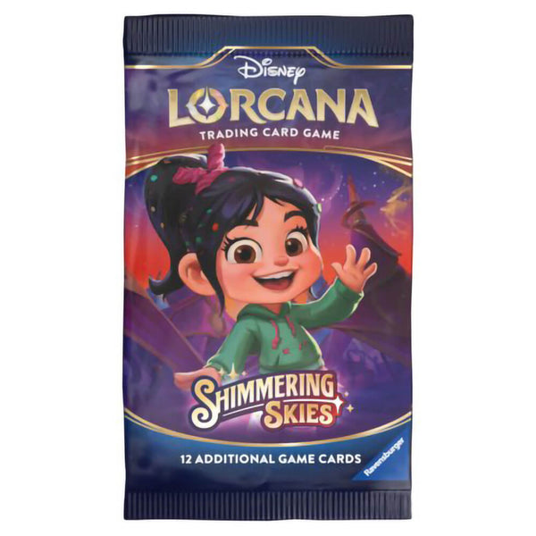 Disney Lorcana Shimmering Skies booster pack with Vanellope artwork, showing her in a green hoodie against a glowing purple and red fantasy background, containing 12 game cards.