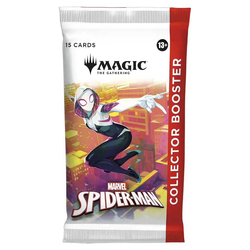 Magic: The Gathering Marvel Spider-Man Collector Booster pack featuring Spider-Gwen swinging through a colorful cityscape, highlighting the 15-card premium collectible set for players aged 13 and up.