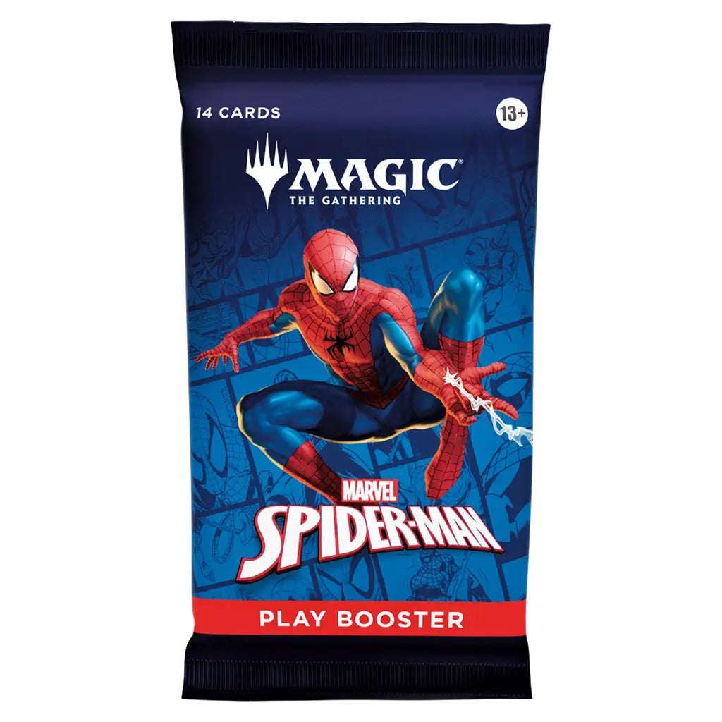 Magic: The Gathering Marvel Spider-Man Play Booster pack featuring Spider-Man crouched in a dynamic pose on a blue comic-style background, containing 14 collectible trading cards for players aged 13 and up.
