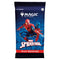 Magic: The Gathering Marvel Spider-Man Play Booster pack featuring Spider-Man crouched in a dynamic pose on a blue comic-style background, containing 14 collectible trading cards for players aged 13 and up.