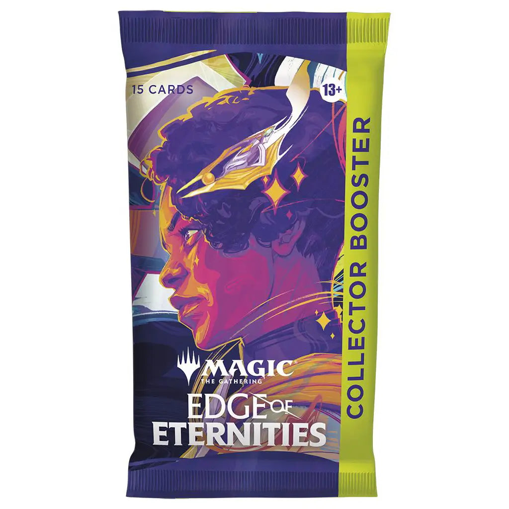 Front of Magic: The Gathering Edge of Eternities Collector Booster pack featuring vibrant artwork of a regal character with golden headgear, designed for ages 13 and up and containing 15 premium collectible cards.
