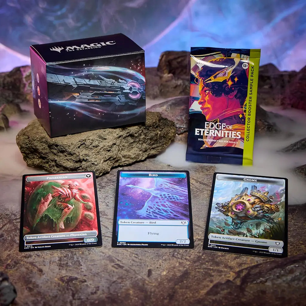 Magic: The Gathering Counter Intelligence Commander Deck laid out with deck box, collector booster sample pack, and three vibrant token cards: Phyrexian, Bird, and Gnome.