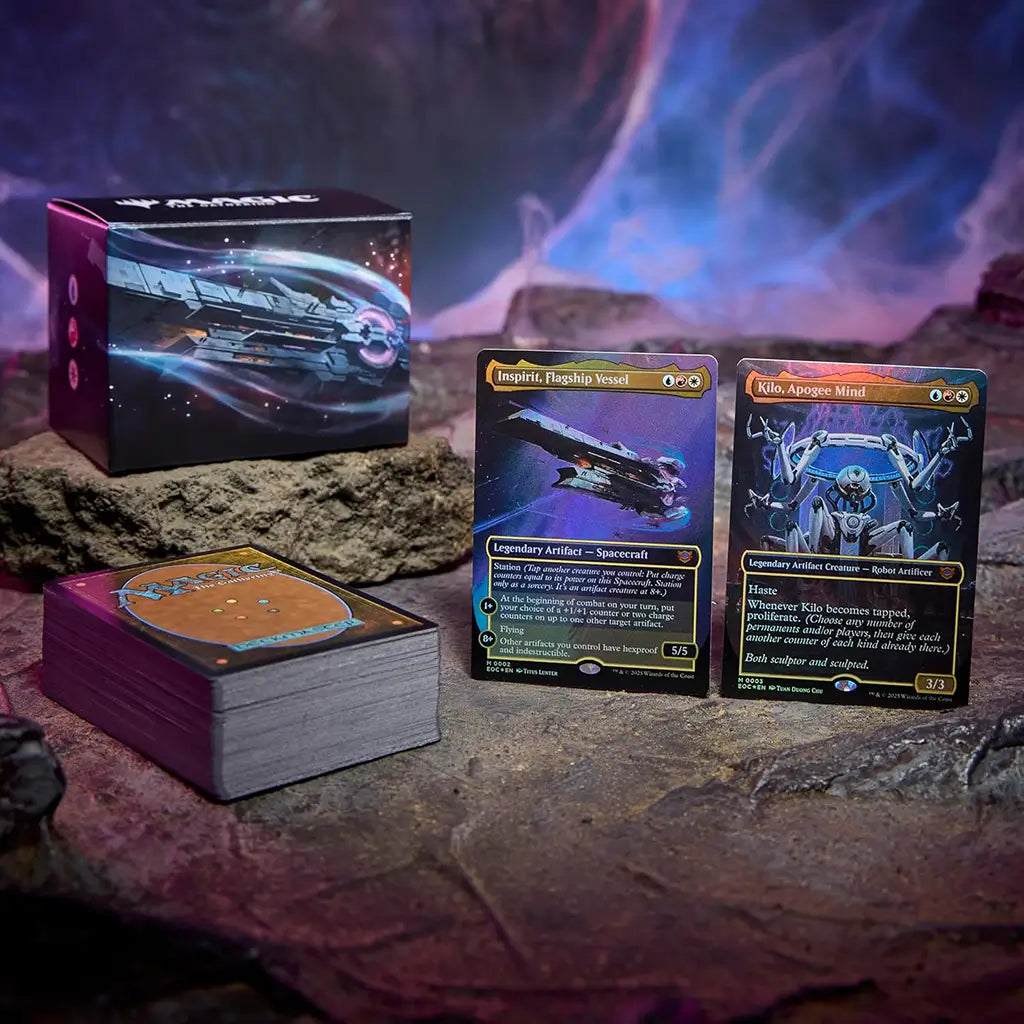 Contents of the Magic: The Gathering "Edge of Eternities" Counter Intelligence Commander Deck shown on a rock surface, including full card deck, deck box, and two prominent foil legendary cards.