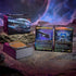Contents of the Magic: The Gathering "Edge of Eternities" Counter Intelligence Commander Deck shown on a rock surface, including full card deck, deck box, and two prominent foil legendary cards.