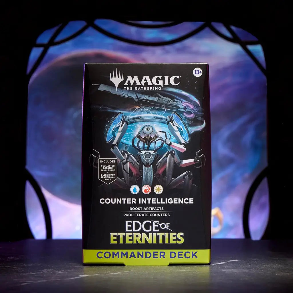 Displayed vertically, the Magic: The Gathering Commander Deck box for "Counter Intelligence" features bold artwork of a futuristic robot and includes highlights like foil cards and booster sample pack.