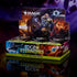Magic: The Gathering Edge of Eternities Play Booster display box under dramatic lighting, highlighting the cosmic background, booster packs, and the prominent figure of a powerful spellcaster on the packaging.
