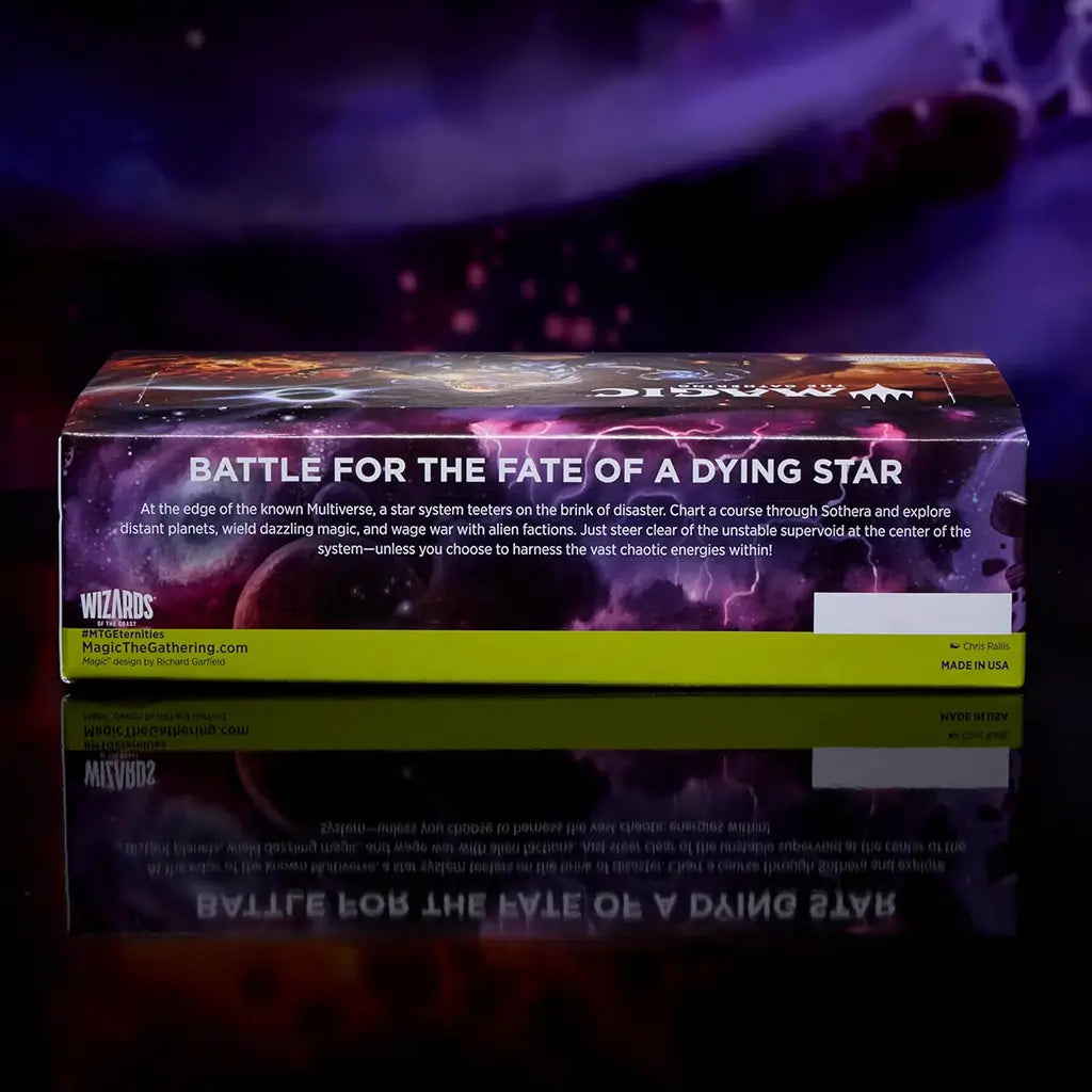 Back of Magic: The Gathering Edge of Eternities booster box reads “Battle for the Fate of a Dying Star,” describing a cosmic storyline involving planetary magic, alien factions, and chaotic energies in the multiverse.
