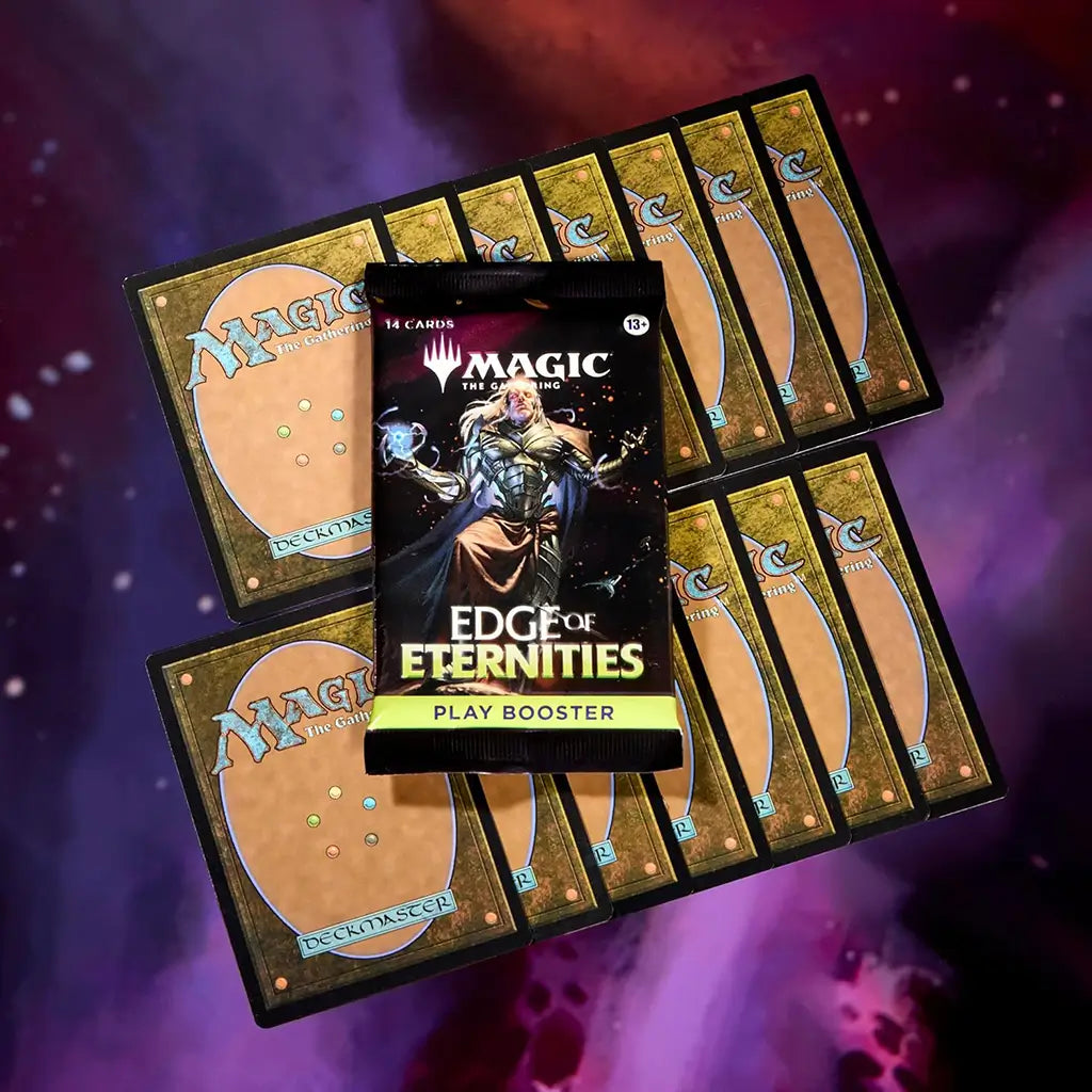 Magic: The Gathering Edge of Eternities Play Booster pack laid on top of several card backs, emphasizing the pack’s inclusion of 14 cards and space-themed fantasy art with a sorcerer in battle stance.